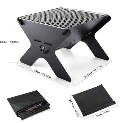Image of Barbeque Grills - Foldable Charcoal Barbeque, Camping Fire Pit, Portable Fire Pit for Camping, 2 in 1 Wood Burning Fire pit Grill with Detachable Cooking Grate for Outdoor BBQ, with Carry Bag
