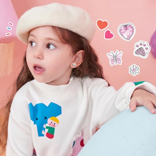 HAIAISO 8 Pairs 925 Sterling Silver Post Stud Earrings Set Hypoallergenic Pink Heart Cz Earrings Cute Butterfly Flower Dog Paw Turtle Stud Earrings Hoops Earrings For Women Over 3 Years Old2