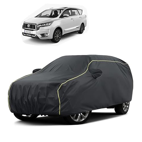 Image of Sulfar 100% Water Resistant Car Body Cover Compatible with Mirror for Toyota Innova Crysta (Triple Stitched, Full Bottom Elastic, Dark Grey Taffeta with Yellow Piping)