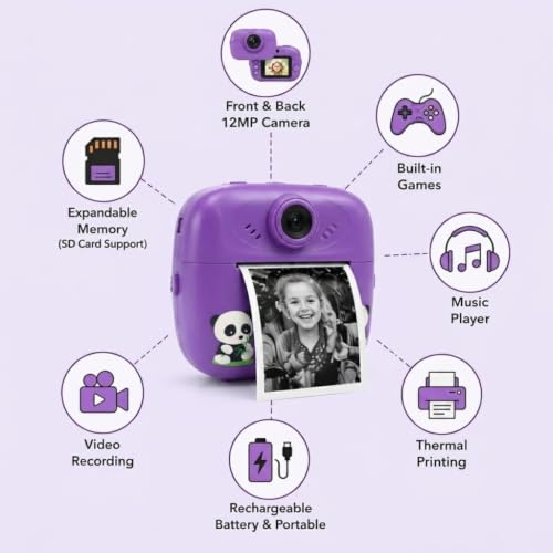 Image of FunPrint Instant Camera for Kids | Ink-Free Thermal Photo Printer with 2.4 inch HD Display, Video Recording, Music, Games & SD Card Support (4 Rolls)