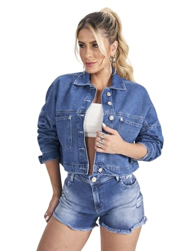 Jaqueta Jeans Feminina Cropped Inverno Plus Size Oversized (BR, Alfa, GG, Regular, Regular, Jeans)