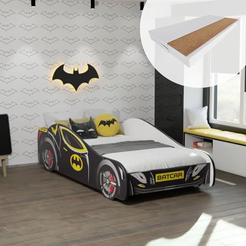 Kids Collective Lit Voiture 70x140 cm Enfant avec Matelas, barrière de sécurité & sommier à Lattes | Lit de Jeu Enfant Batman Batmobile Bat Car en Noir |...