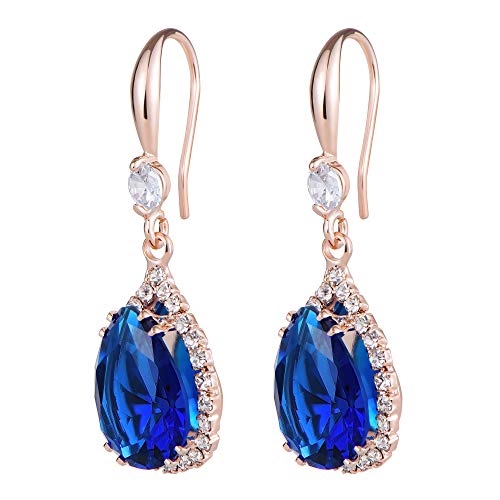 Linawe Sapphire Blue Earrings For Women Rose Gold, Diamond Drop Dangle Earrings, Chandelier Rhinestone Cubic Zirconia Crystal Teardrop Earrings, Wedding Jewelry Set #TOP3