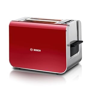 Bosch Toaster Styline TAT8614N, integrierter Brötchenaufsatz, Liftfunktion, Auftaufunktion, Abschaltautomatik, Brotzentrierung, 800 W, Edelstahl/rot