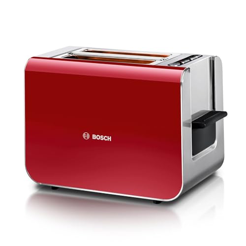 Bosch Toaster Styline TAT8614N, integrierter Brötchenaufsatz, Liftfunktion, Auftaufunktion, Abschaltautomatik, Brotzentrierung, 800 W, Edelstahl/rot