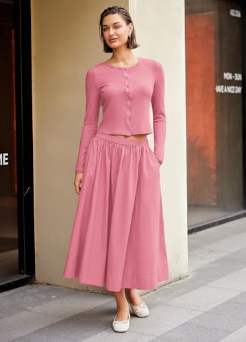 Image of Panadila Womens 2 Piece Lounge Sets Matching Vacation Outfits Ribbed Button Down Cardigan and Elastic Waist Skirt Sets