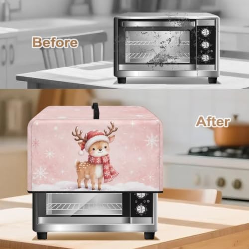Image of Christmas Microwave Dust Cover Toaster Oven Dustproof Cover Smart Oven Protector for Kitchen Countertop, S, 18.25 x 14.5 x 11 Inches, Cute Reindeer Snowflake Pink