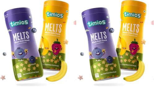 Image of Timios Flavored Melts - Banana & Strawberry + Blueberry Teething Puffs | Non-Fried, Maida-Free & Natural Fruit Flavor | Healthy Baby Snack | 2 x 50g Combo Pack (Pack of 2)