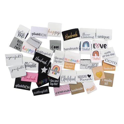 40 Stück Weblabel Set Webetiketten Einnählabel handmade Label Weblabel mit Spruch Etiketten zum Einnähen Nähen DIY Etiketten Nählabel Textiletiketten Label Glückskind Nähzubehör Geschenkidee