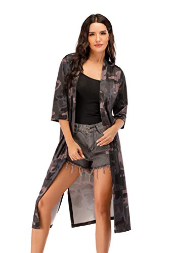 Women's 3/4 Sleeve Printed Chiffon Kimono Cardigans Loose Casual Blouse Beach Cover Up (XX-Large, Camouflage 2)