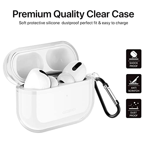 Image of GRIPP Clear Silicone AirPods Carrying Case for AirPods Pro (1st Generation) with Anti-Lost Carabiner Hook, Shockproof 360 Protection, Wireless Charging Support, Durable & Stylish - Clear