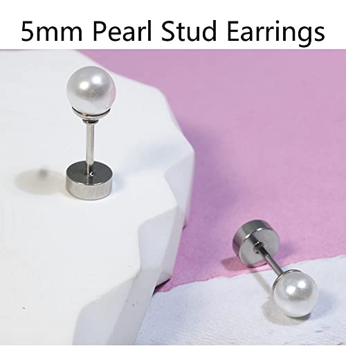 Small Pearl Stud Earrings Flat Screw Back,Silver Flatback Pearl Cartilage Helix Tragus Earrings 316L Surgical Stainess Steel Jewelry For Women Girls Toddlers (5Mm Pearl,Silver) #TOP2