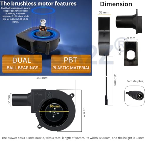 Image of DC Brushless BBQ Blower Fan, 12V, 6500 RPM, Variable Speed Control, 97mm x 33mm, with AC Adapter, Black