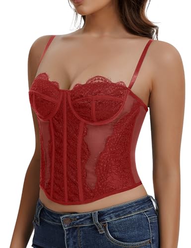 Image of Lace Corset Tops for Women Sexy Going Out Bustier Top Sleeveless Adjustable Straps Crop Tops with Back Hooks