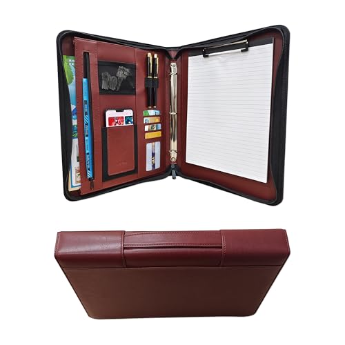 WEYEAH Faux Leather 3 Ring Portfolio Binder With Handle, Business Padfolio for Men & Women, Zippered Document Organizer for Home & Office Use, Including Clipboard, Notepad and Sheet Protectors (Brown)