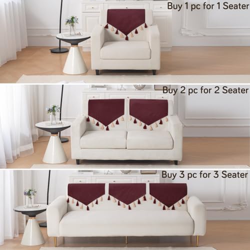 Image of HOKIPO Premium Holland Velvet Sofa Backrest Cover with Tassels - 'TasselTone Series', Wine Red (IN-1103-MRN)