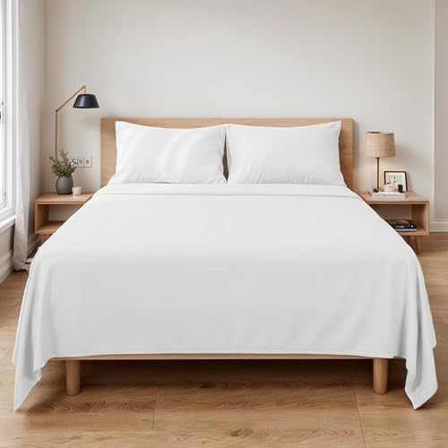 Etrexonline Juego de Sábanas 4 Piezas para Cama de 135 cm - Microfibra Suave y Transpirable, Incluye 1 Bajera Ajustable, 1 Encimera y 2 Funda de Almohada - Color Blanco