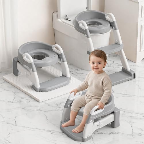 Image of ZAMNO Upgraded Potty Training Seat with Step Stool Ladder – 6-in-1 Foldable Toddler Toilet Seat with Adjustable Height, Anti-Slip Steps & Detachable Bowl for Boys & Girls Ages 1-7 (Gray & White)