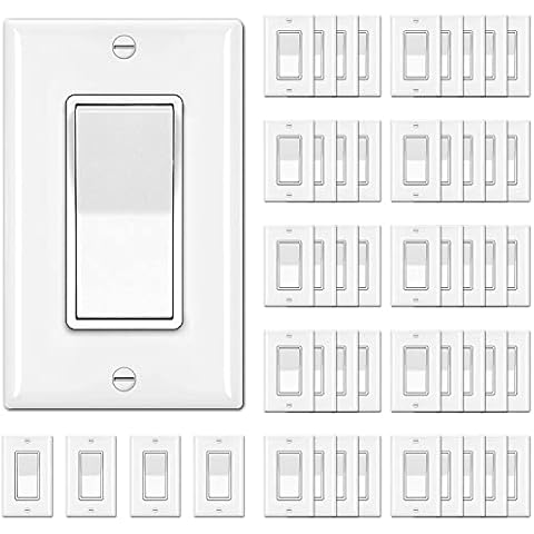 [50 Pack] BESTTEN Single Pole Decorator Wall Light Switch with Wallplate, 15A 120/277V, On/Off Rocker Paddle Interrupter, UL Listed, White Cover