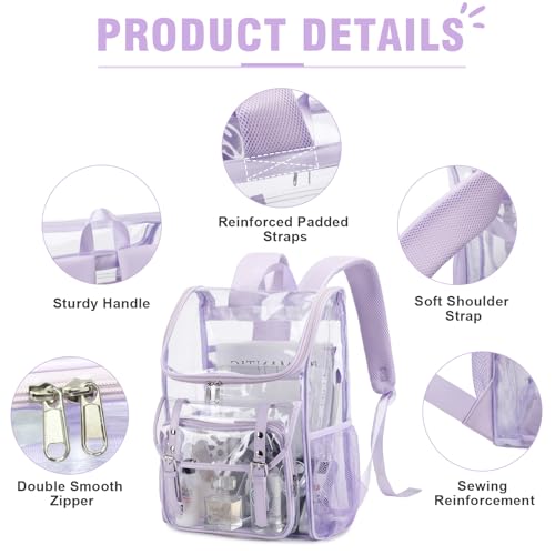 Image of DIGOBAY Clear Backpack with Lunch Bag, Leather Clear Bookbag Heavy Duty | Thick PVC Clear Backpack for Girls Women See Through Transparent Backpacks for Stadium Events College Travel Work, Purple1