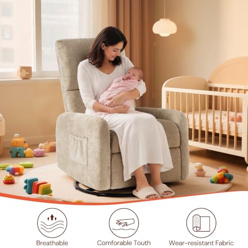 Image of Korser 360 Rocking Chair, Nursery Rocker Chair with Side Pockets, Glider Nursing Chair with Steel Structure Base, Small Chair for Small Spaces, Chenille Swivel Accent Chairs for Living Room, Nursing