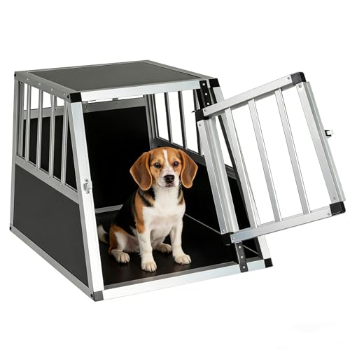 GYMAX Hundebox Auto Transportbox Hund mit Sicherheitsverschluss leicht & stabil Alu Hundetransportbox für Kofferraum Rückbank & Zuhause (69 5 x 54 x 50 5 cm)