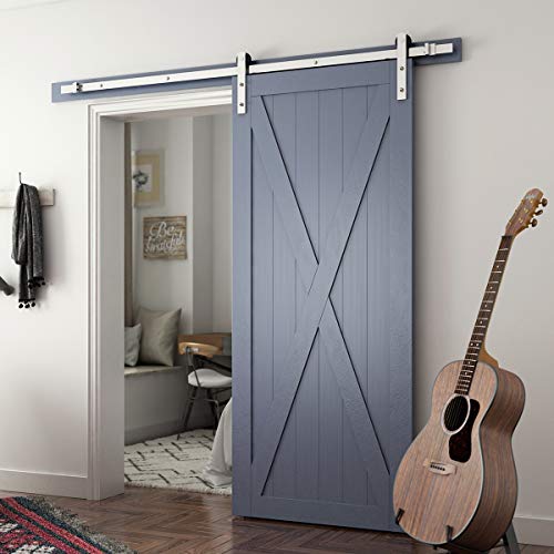 Image of SMARTSTANDARD 6.6ft Nickel Brushed Heavy Duty Sliding Barn Door Hardware Kit, Single Rail, Silver, Super Smoothly and Quietly, Simple and Fit 36 inch-40 inch Wide DoorPanel (I Shape Hanger) | Sturdy Silvery Track-Smoothly and Quietly-Simple and Easy to Install-Fit 36 inch-40 inch Wide Door Panel (I Shape Hanger)