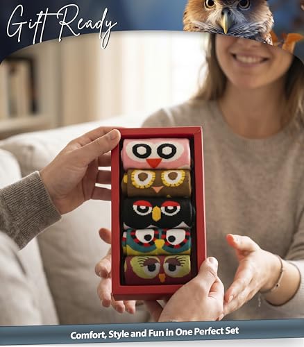 Image of Unisex Family Owl Socks - 5 Pairs Cotton Crew Socks in Gift Box for Men, Women & Kids - Fun, Colorful Owl Design, Soft & Breathable, Comfortable for Everyday Wear - US Sizes 5-8