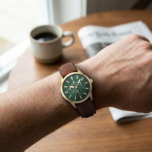 CARIBBEAN JOE Men’s Analog Watch with Green Textured Dial, Gold-Tone 42mm Round Case, Decorative Subdials, Brown Vegan Leather Strap, Quartz Movement, Casual Dress Wrist Watch by CARIBBEAN JOE - Used condition - Image 2