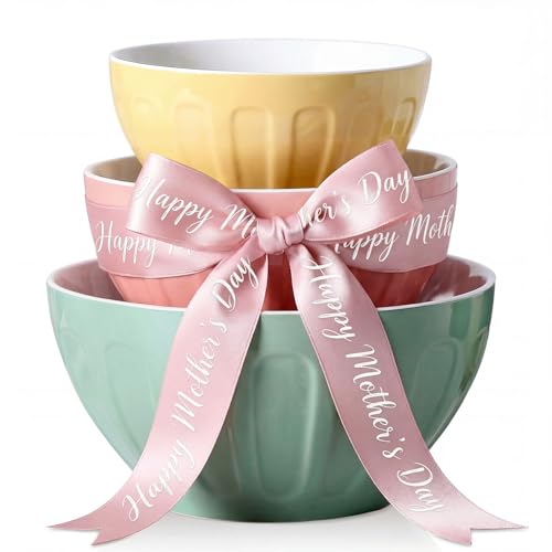 Lareina Ceramic Mixing Bowls Set of 3, Large Nesting Bowls for Serving/Baking/Prepping, Mother's Day & Housewarming/Wedding Gift, Oven/Microwave/Dishwasher Safe 3.2/1.7/1.2 Qt, Pastel Color