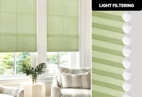 LazBlinds Cordless Cellular Shades, No Tools No Drill Light Filtering Honeycomb Shades Pleated Blinds for Windows, 25'' W x 64'' H, Green