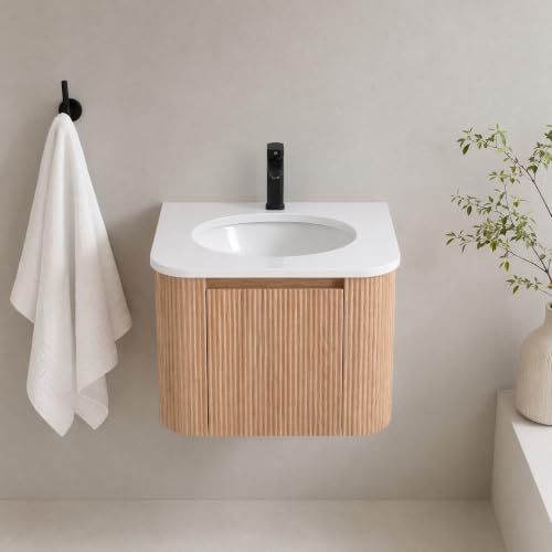 Image of 24 Inch Wall Mounted Bathroom Vanity with Ceramic Sink, Pre-Assembled Floating Vanity Cabinet with Marble Countertop, Wave Texture Finish & Drawer, Wood