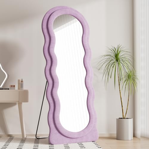 Dewfig Wavy Full Length Mirror with Stand, 63' x 24' Irregular Floor Mirror, Large Floor Length Mirror, Freestanding/Leaning/Wall Mounted, Flannel Wrapped Wooden Frame for Bedroom/Living Room, Purple