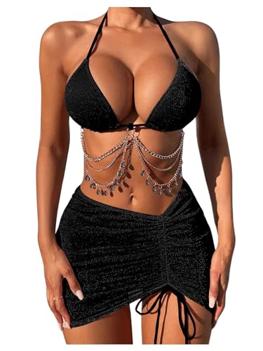 COZYEASE Women's 3 Piece Bikini Set Backless Halter Neck Triangle Chain Swimsuit Set with Beach Skirt
