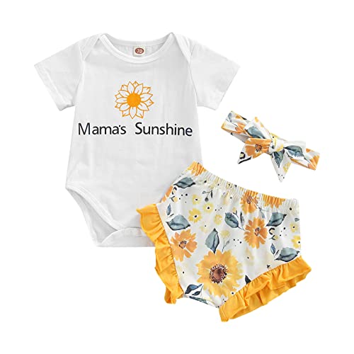 Image of Newborn Baby Girl Clothes Snap Cotton Bodysuit Floral Shorts Baby Headband Infant 3Pcs Outfits Summer Set
