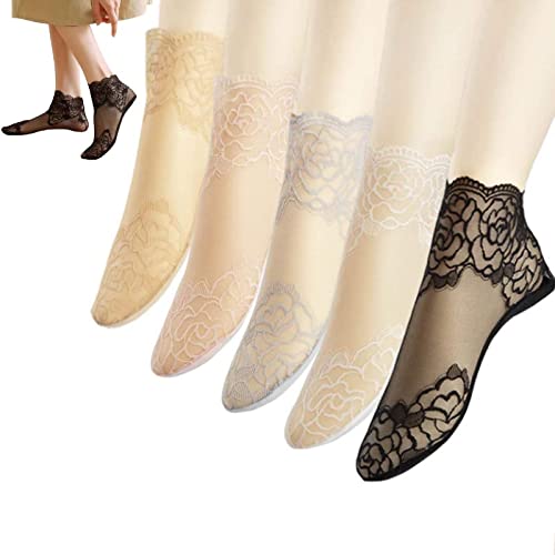 Modische Damen-Spitzensocken, Netz-Spitzen-Fußkettchen, 5 Paar Rüschen-Socken für Damen, dünne Sommersocken für Damen, Accessoires, 5 Farben gemischt