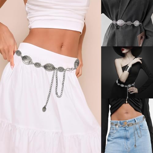 Image of SANNIDHI Waist Chain for Women for Saree Gold Metal Concho Waist Belt Stylish Boho Western Hip Belt Fashion Adjustable Cowgirl Jewellery Chain Belts for Dresses, Jeans, Skirts, Beach Outfits