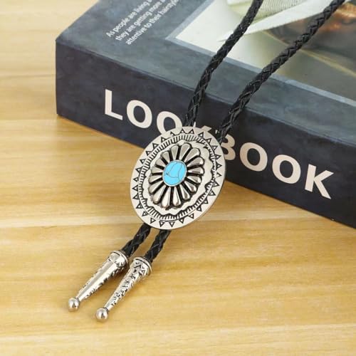 Image of GelConnie Bolo Tie for Men Women Western Cowboy Turquoise Leather Necktie | Natural Stone Bolo Tie Necklace for Women Rodeo Cowboy Leather Necktie Native American Western Cowgirl Ties Adjustable Cord