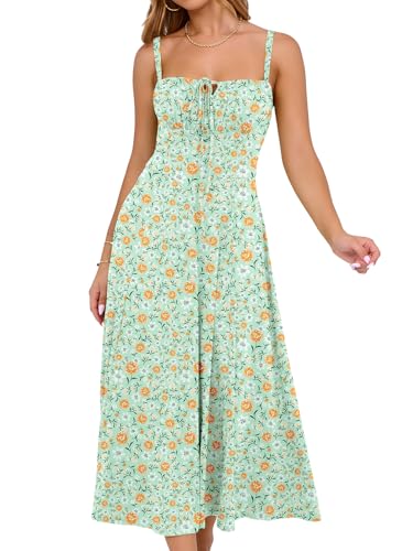 Image of YATHON Women's Summer Midi Corset Boho Dresses Spring Casual Floral Spaghetti Straps Lace Up Dress Flowy Aline Beach Sundress