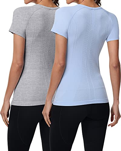 2 Pieces Women Long Sleeve Workout Shirt Seamless Workout Shirts With Thumb Holes Fitted Top Sports Yoga Athletic Shirt Top (Short Sleeve Gray, Blue, Small) #TOP1