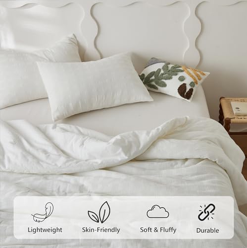 Image of Simple&Opulence 100% Cotton Waffle Weaving Comforter Set-3 Pieces Bedding Set(1 Comforter and 2 Pillowcases), Lightweight Soft Breathable Comforter Bed Sets for All Season(White, Queen)