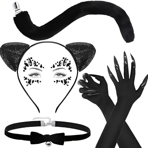 WEITAPYT Katzenkostüm Damen, 5 PCS Katzenkostüm Zubehör, Katzen Cosplay Kostüm, Halloween Kostüm Damen Katze, Geeignet für Halloween, Karneval,...