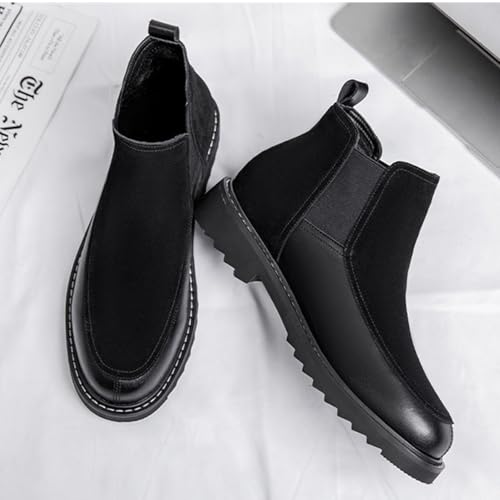 Men's Leather Suede Splice Low Heel Chelsea Boots Comfortable Round Toe Slip-On Warm Fur Lining Anti-slip Lug Sole Business Casual Ankle Boots Fall Winter Daily Work Dress Boots3