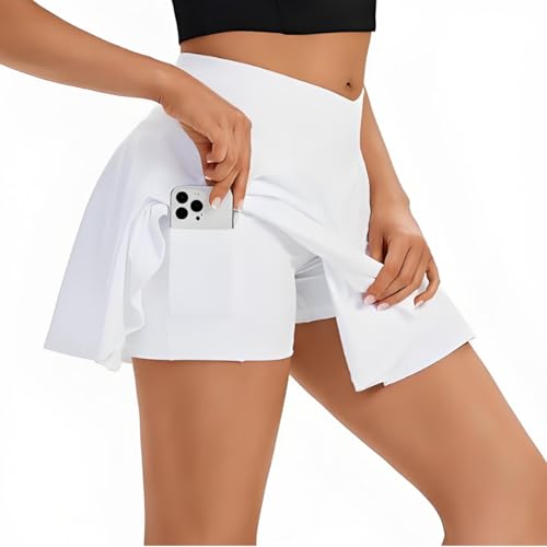 Tennis Rock Damen, Sport Skort mit Shorts, Eleganter Laufrock mit integrierter Shorts, praktischen Taschen, Atmungsaktives Material (Weiß)