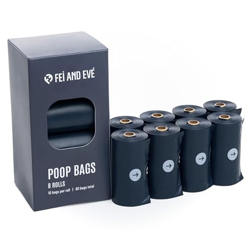 Fei & Eve Dog Poop Bags - Extra Thick 25 Micron & 100% Leak-Proof | Full Blackout & Odor-Locking | Stretch Resistant | Easy to Tear off | Waste Bags | Unscented | 8 Rolls