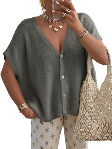 Image of Saodimallsu Womens Summer Oversized Cardigans Batwing Short Sleeve Lightweight Button V Neck Casual Knit Sweater Tops