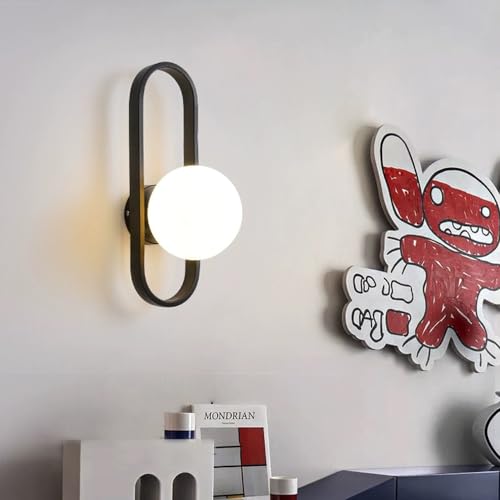 Mid Century nowoczesna lampa ścienna – matowe mleczne białe szkło Sconce do Liviroom, korytarza, sypialni, łazienki – stylowe gniazdko E27 do wnętrz, kolor czarny