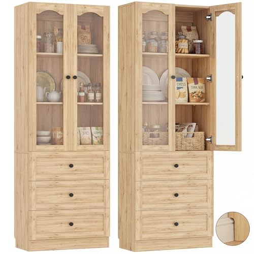Image of Cyclysio 80 inch Tall Pantry Cabinet for Kitchen Storage, Natural Oak Pantry Cabinet with Glass Doors & 3 Drawers - Freestanding Storage Bookcase with Built-in Baseboard Notch for Dining, Living Room
