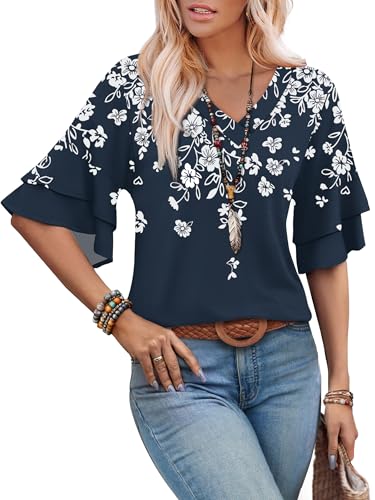 Image of OFEEFAN Spring Tops for Women Boho Shirts Fashion Clothing Cute 3 /4 Length Sleeve Blouses Dressy Casual Summer Outfits