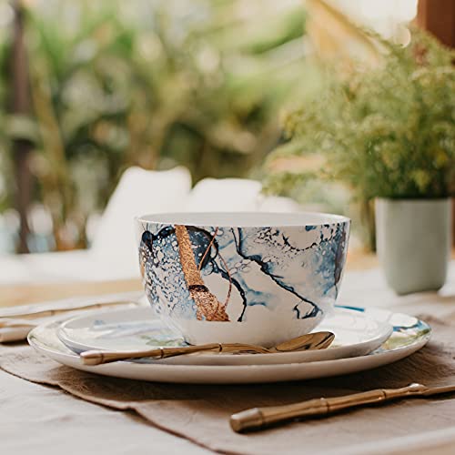 Koken - 16-Piece Dinnerware Set (Service For 4) Fine Bone China With Design , Ocean Collection, Blue & Gold 12K, Ideal For Special Occasions Or Every Day #TOP3